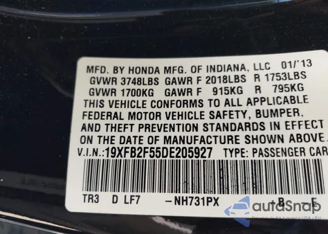 2013 Honda Civic Lx from USA, damaged, VIN 19XFB2F55DE205927